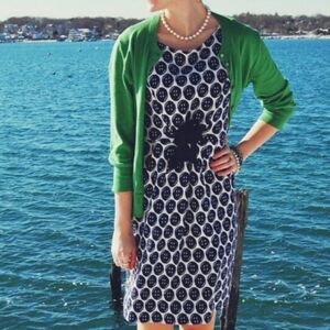 Lilly Pulitzer Evie Dress navy blue White Button Print Knit Women's L Large